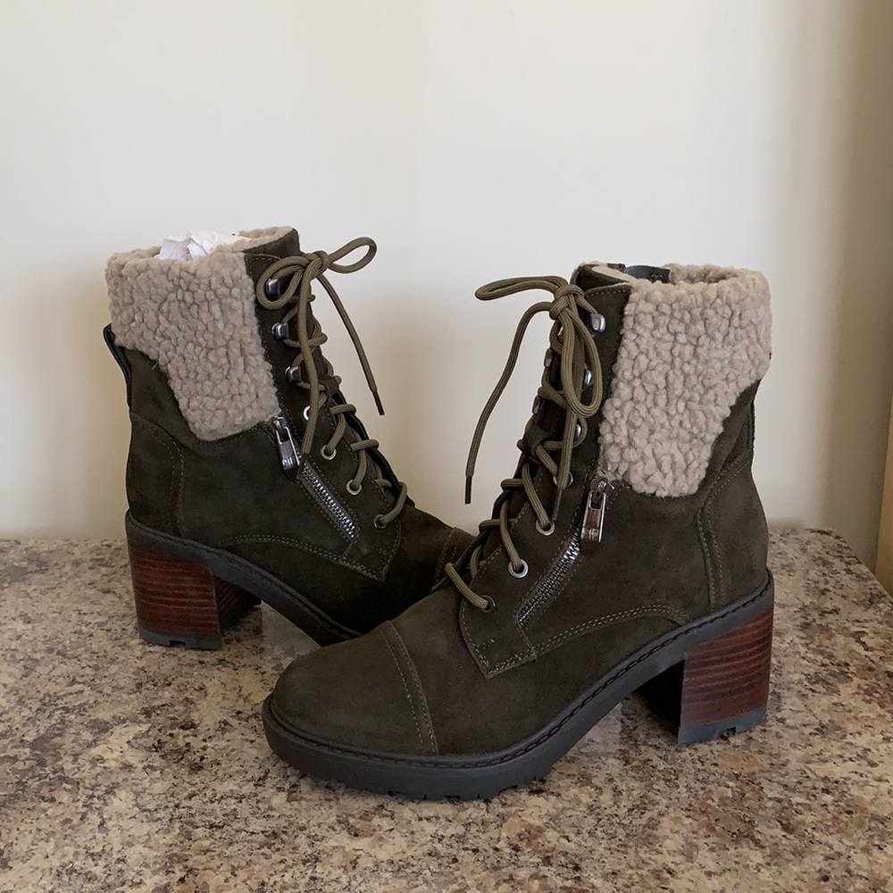 Marc Fisher Dark Green Suede and Sherpa Shoes